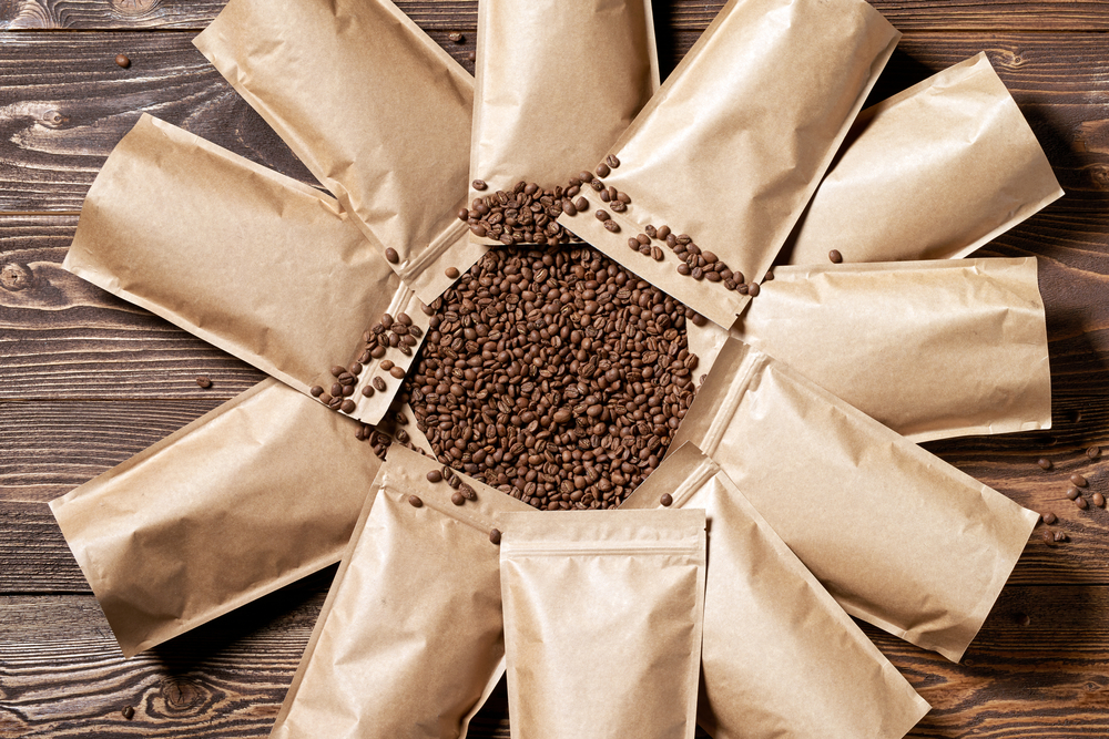 Birds Eye View of Paper Pouch Bags and Coffee Beans