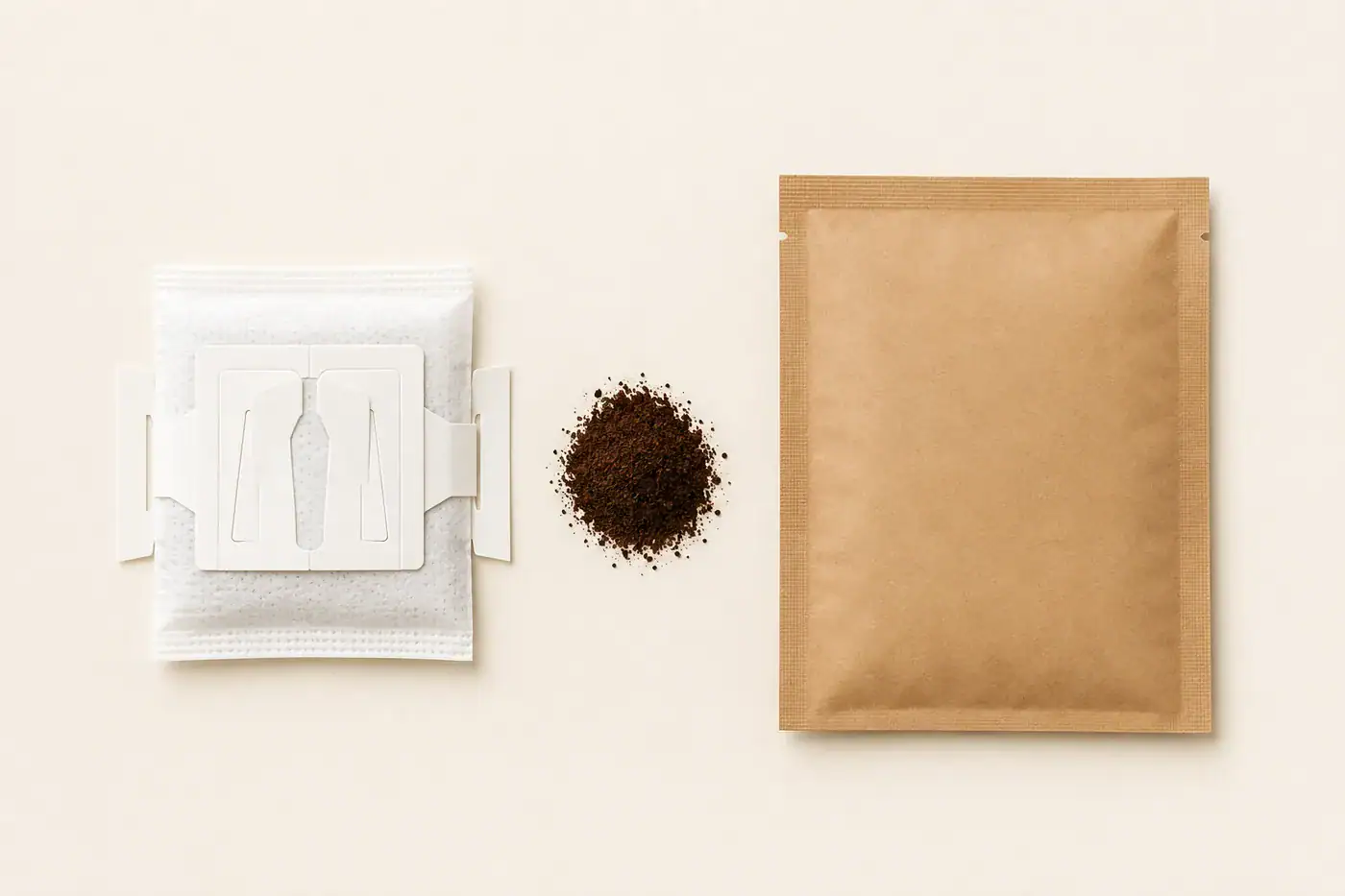 Drip coffee filter with paper hangers next to its sealed outer pouch